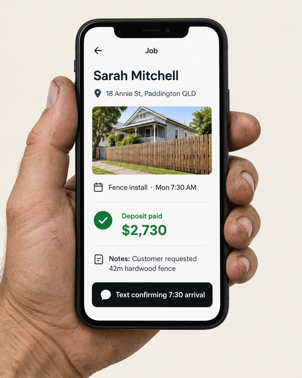 TRUAZ on a tradie's phone: Sarah Mitchell's job card with deposit paid $2,730 and a 1-tap text confirming 7:30 arrival
