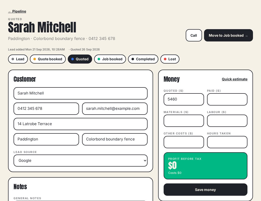 TRUAZ job card with quick estimate